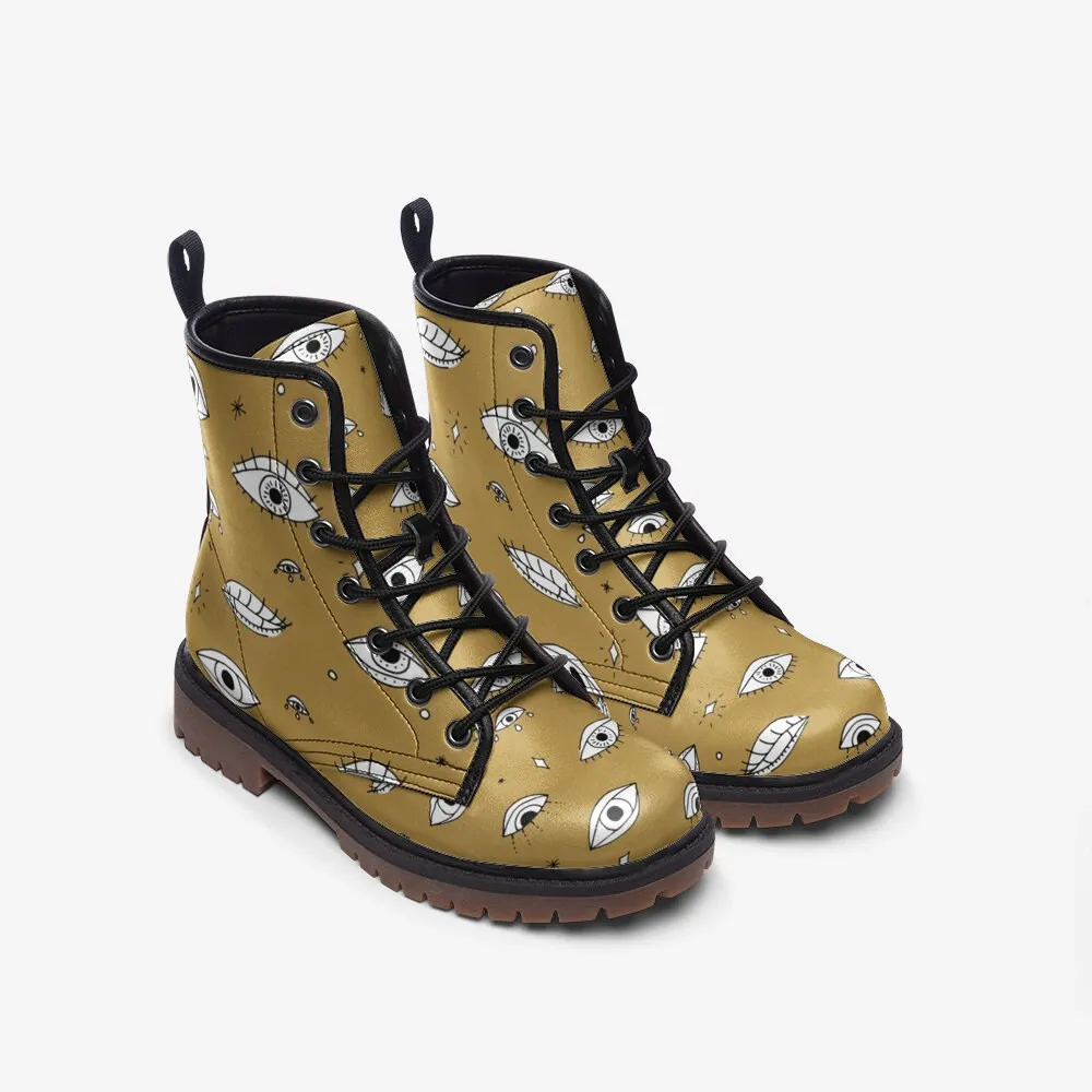 Witchy Eyes Mustard Vegan Leather Unisex Boots