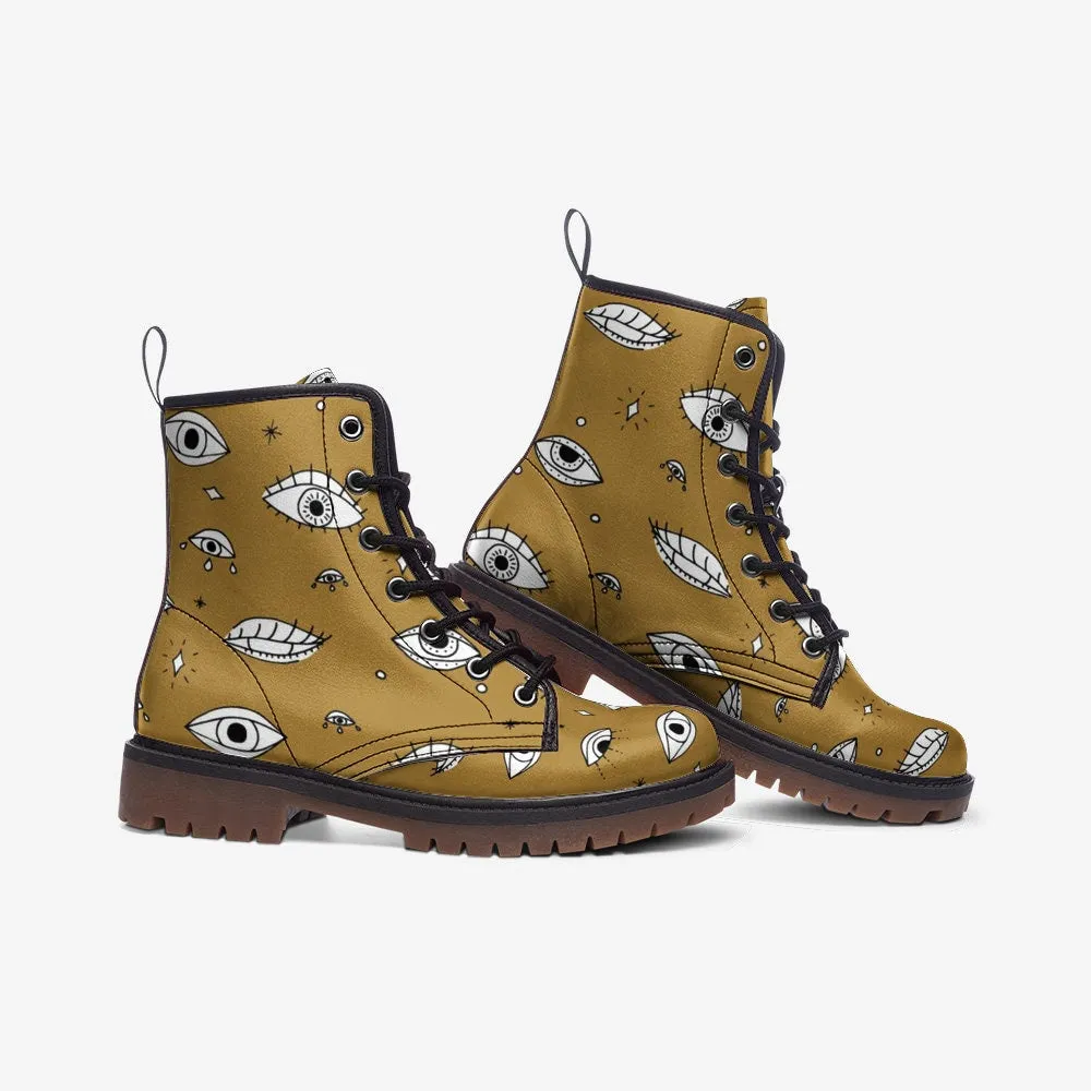 Witchy Eyes Mustard Vegan Leather Unisex Boots