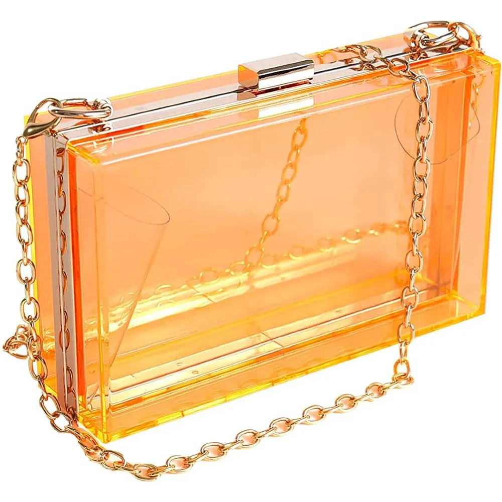 WJCD Women Clear Purse Acrylic Clear Clutch Bag, Shoulder Handbag With Removable Gold Chain Strap | Multiple Colors