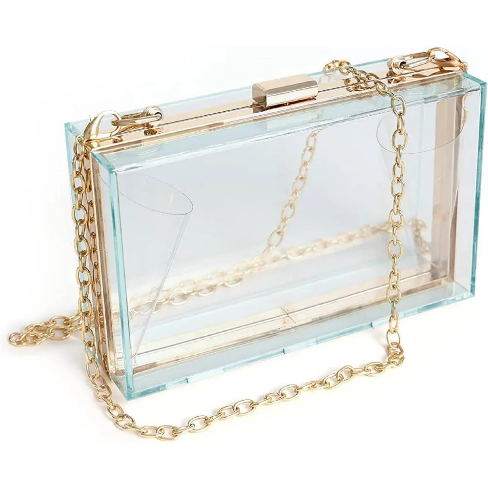 WJCD Women Clear Purse Acrylic Clear Clutch Bag, Shoulder Handbag With Removable Gold Chain Strap | Multiple Colors