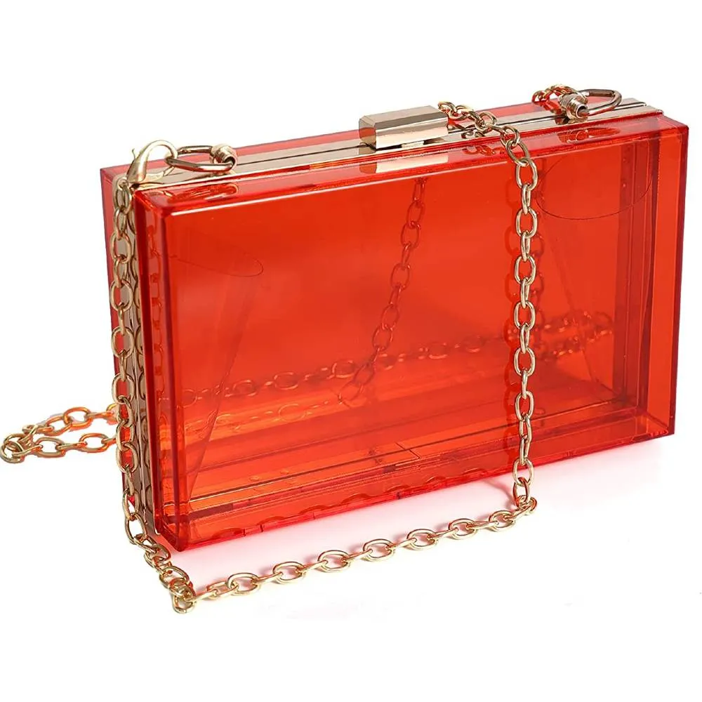 WJCD Women Clear Purse Acrylic Clear Clutch Bag, Shoulder Handbag With Removable Gold Chain Strap | Multiple Colors