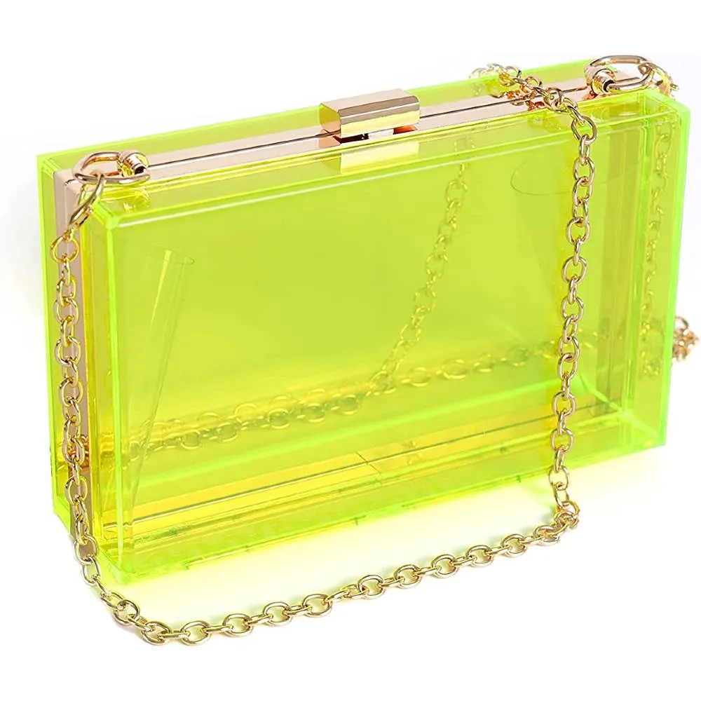 WJCD Women Clear Purse Acrylic Clear Clutch Bag, Shoulder Handbag With Removable Gold Chain Strap | Multiple Colors