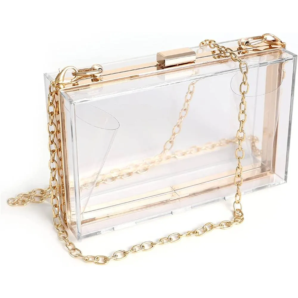 WJCD Women Clear Purse Acrylic Clear Clutch Bag, Shoulder Handbag With Removable Gold Chain Strap | Multiple Colors
