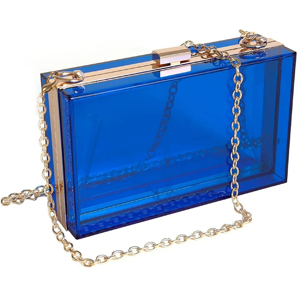 WJCD Women Clear Purse Acrylic Clear Clutch Bag, Shoulder Handbag With Removable Gold Chain Strap | Multiple Colors