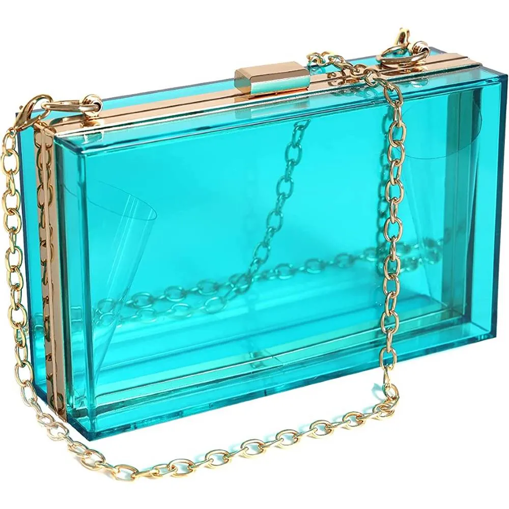WJCD Women Clear Purse Acrylic Clear Clutch Bag, Shoulder Handbag With Removable Gold Chain Strap | Multiple Colors