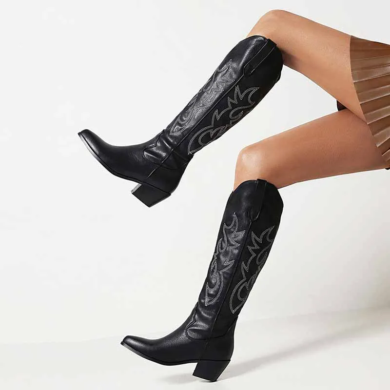 Women Embroidered Square Toe Pull-On Cowgirl Knee High Western Boots