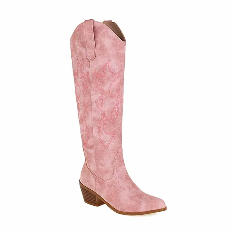 Women Embroidered Square Toe Pull-On Cowgirl Knee High Western Boots