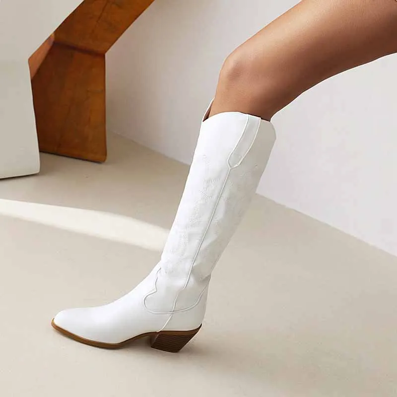 Women Embroidered Square Toe Pull-On Cowgirl Knee High Western Boots