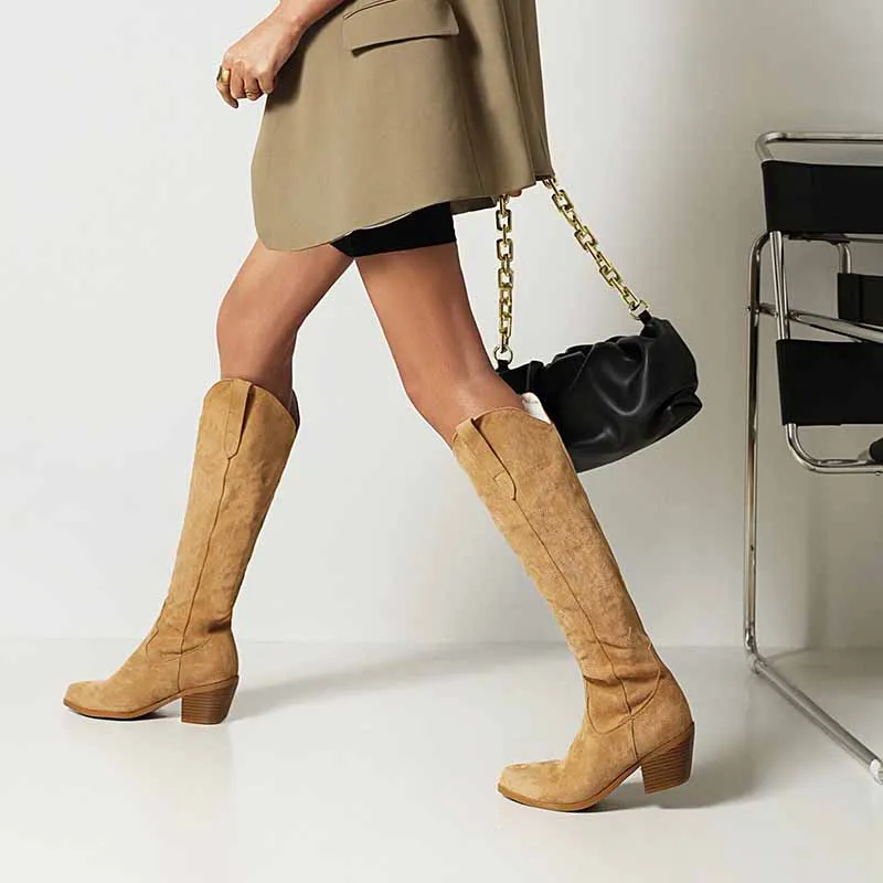 Women Embroidered Square Toe Pull-On Cowgirl Knee High Western Boots