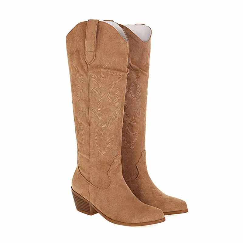 Women Embroidered Square Toe Pull-On Cowgirl Knee High Western Boots