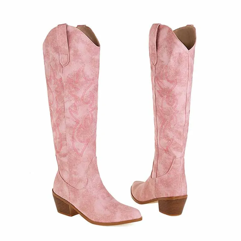 Women Embroidered Square Toe Pull-On Cowgirl Knee High Western Boots
