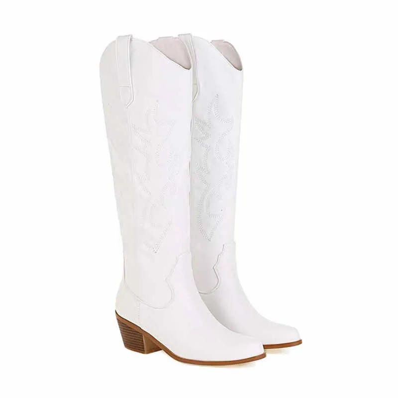 Women Embroidered Square Toe Pull-On Cowgirl Knee High Western Boots