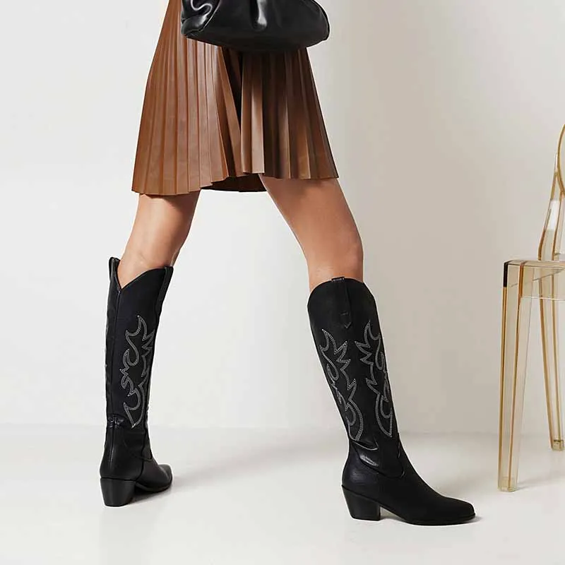 Women Embroidered Square Toe Pull-On Cowgirl Knee High Western Boots
