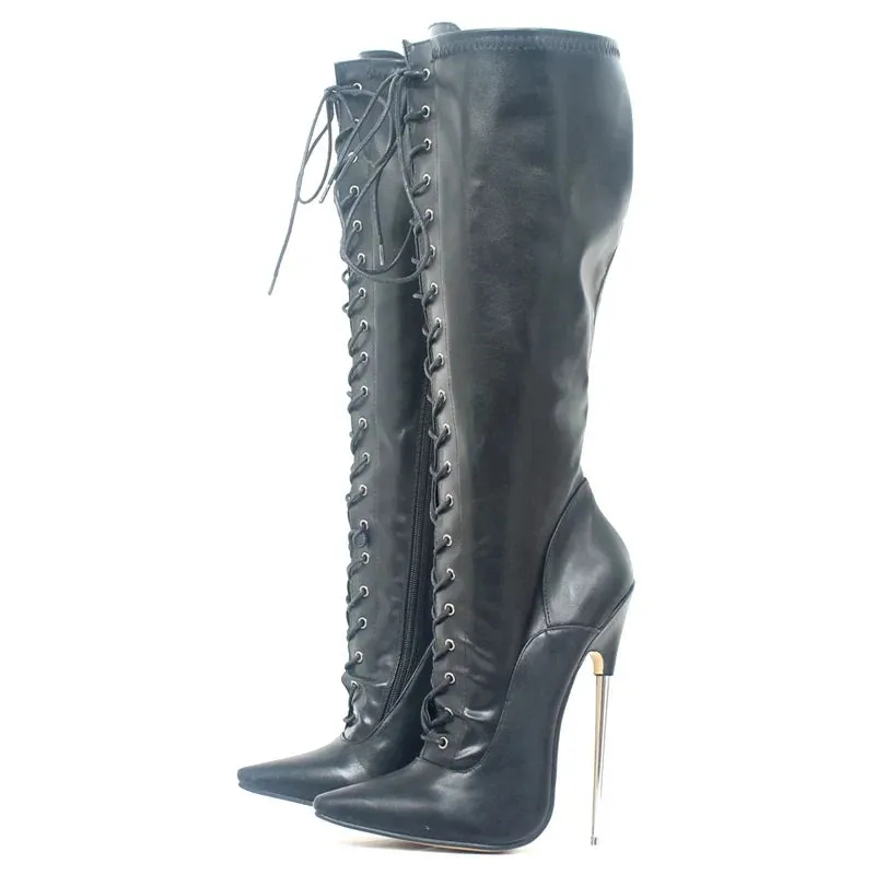 Women Knee-High Boots Cross-tied Zip Stilettos 18CM Super High Heel Boots