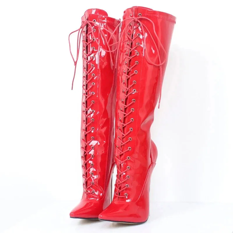 Women Knee-High Boots Cross-tied Zip Stilettos 18CM Super High Heel Boots