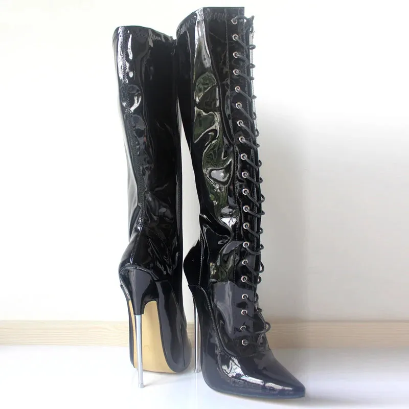 Women Knee-High Boots Cross-tied Zip Stilettos 18CM Super High Heel Boots
