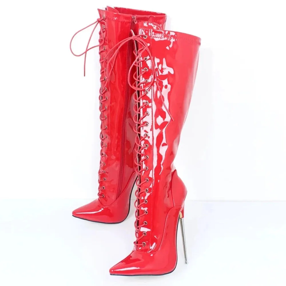 Women Knee-High Boots Cross-tied Zip Stilettos 18CM Super High Heel Boots