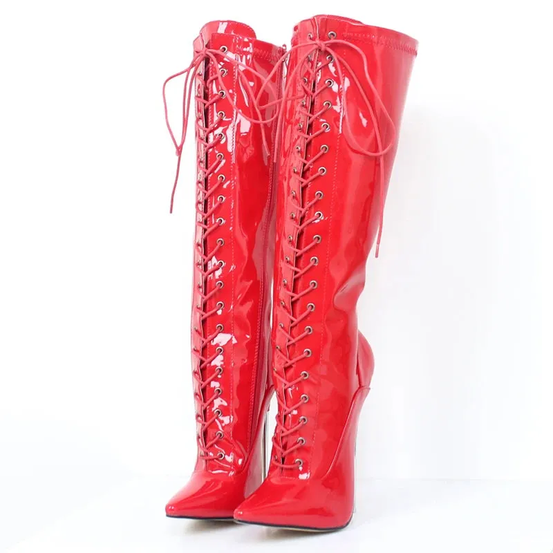 Women Knee-High Boots Cross-tied Zip Stilettos 18CM Super High Heel Boots