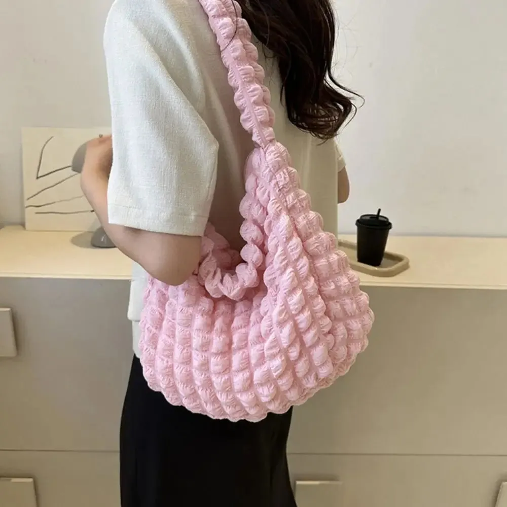 Women Large Capacity Tote Bag Plaid Quilted Crossbody Bag Cute Pleated Bubbles Embroidered Satchel Bags Solid Color Shoulder Bag