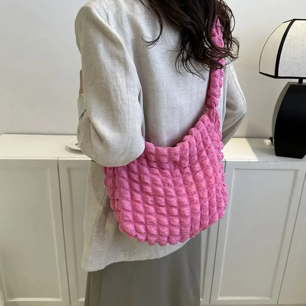 Women Large Capacity Tote Bag Plaid Quilted Crossbody Bag Cute Pleated Bubbles Embroidered Satchel Bags Solid Color Shoulder Bag