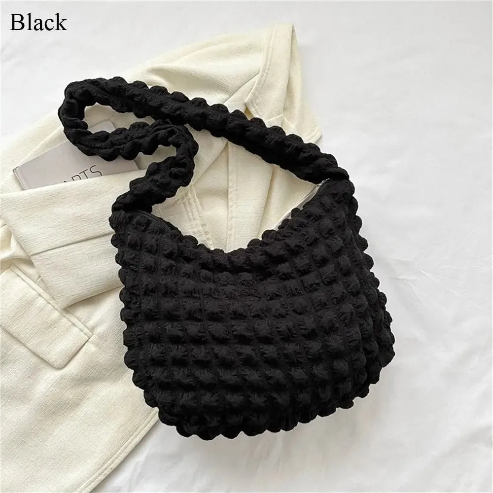Women Large Capacity Tote Bag Plaid Quilted Crossbody Bag Cute Pleated Bubbles Embroidered Satchel Bags Solid Color Shoulder Bag