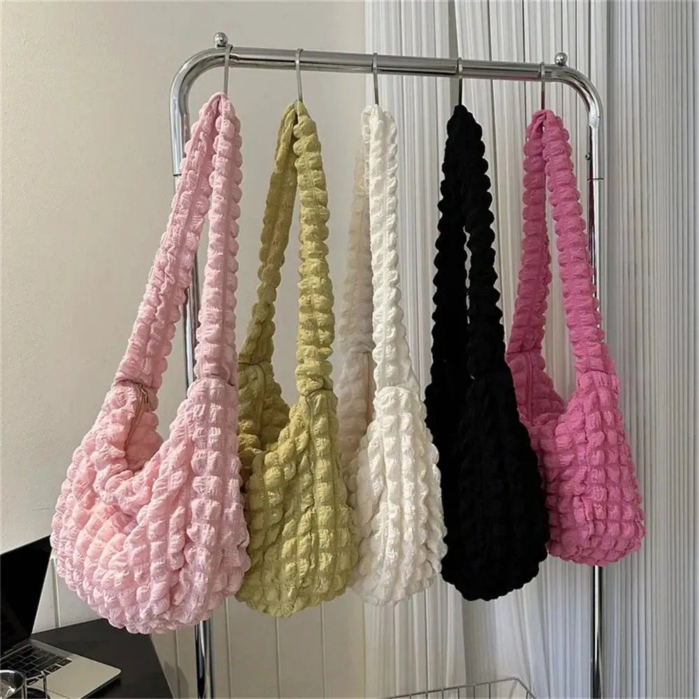 Women Large Capacity Tote Bag Plaid Quilted Crossbody Bag Cute Pleated Bubbles Embroidered Satchel Bags Solid Color Shoulder Bag