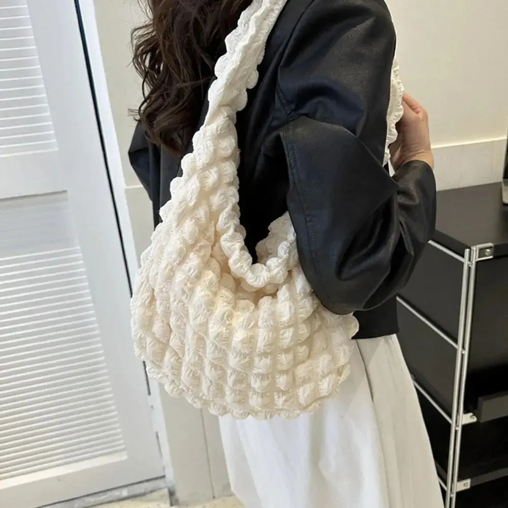 Women Large Capacity Tote Bag Plaid Quilted Crossbody Bag Cute Pleated Bubbles Embroidered Satchel Bags Solid Color Shoulder Bag