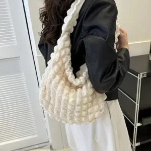 Women Large Capacity Tote Bag Plaid Quilted Crossbody Bag Cute Pleated Bubbles Embroidered Satchel Bags Solid Color Shoulder Bag