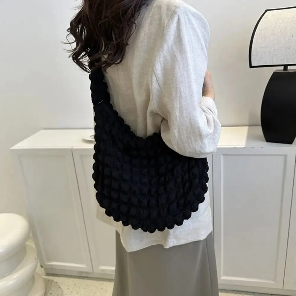 Women Large Capacity Tote Bag Plaid Quilted Crossbody Bag Cute Pleated Bubbles Embroidered Satchel Bags Solid Color Shoulder Bag