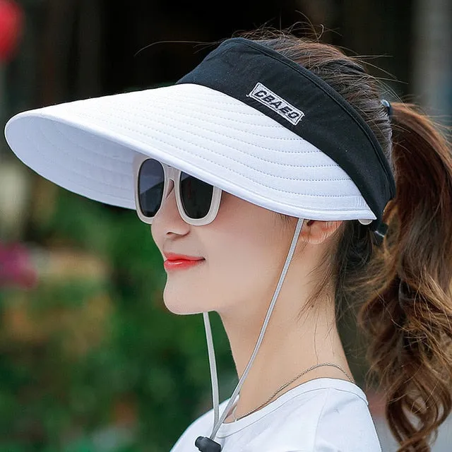 Women summer Sun Hats pearl packable sun visor hat with big heads wide brim beach hat UV protection female cap