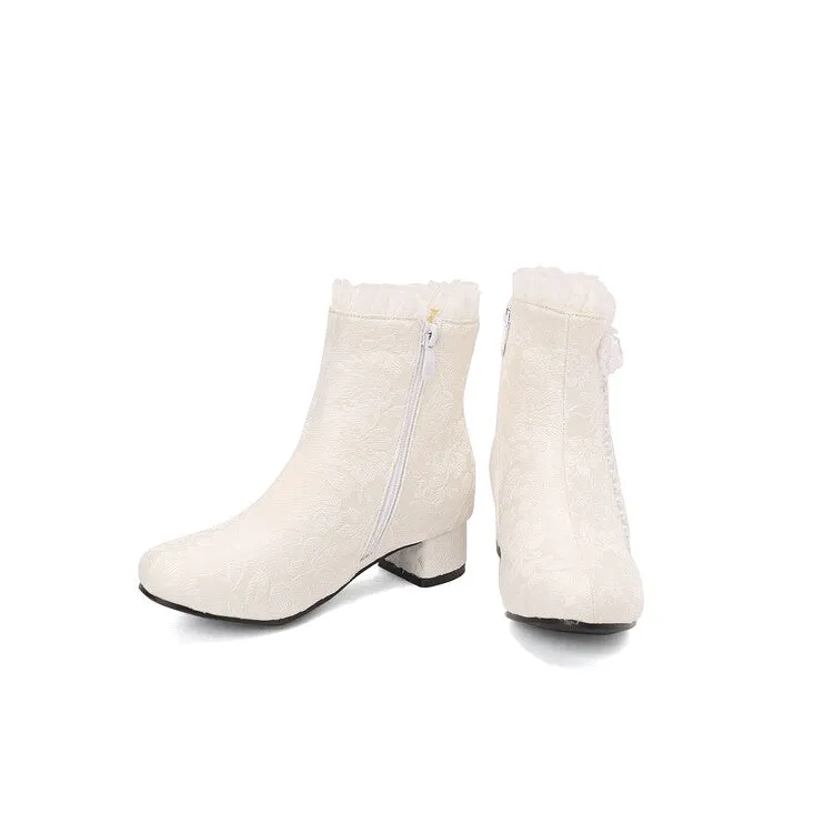 Women's Embroider Pearls Bows Round Toe Block Heel Ankle Boots