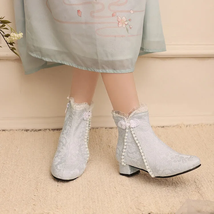 Women's Embroider Pearls Bows Round Toe Block Heel Ankle Boots