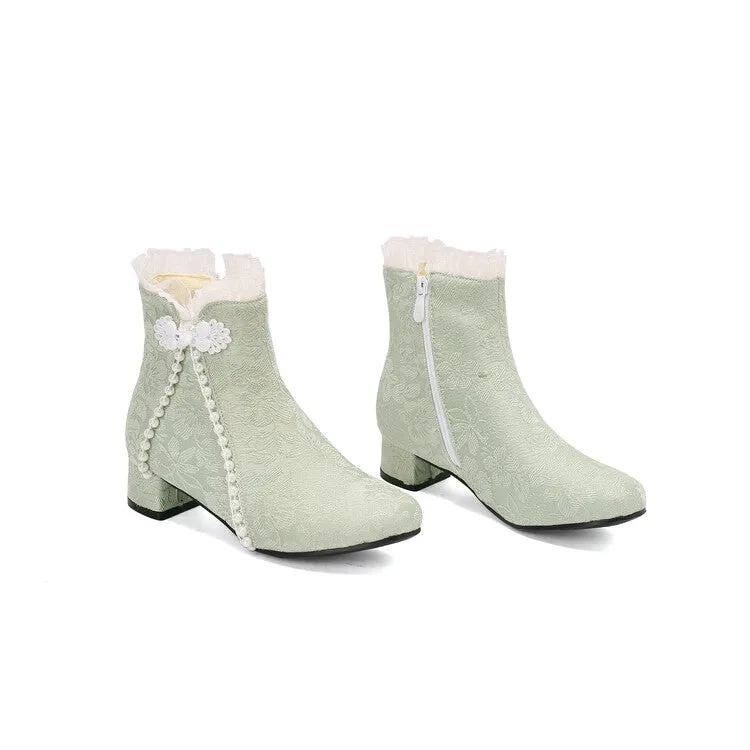 Women's Embroider Pearls Bows Round Toe Block Heel Ankle Boots