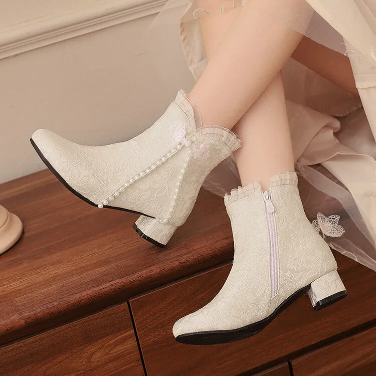 Women's Embroider Pearls Bows Round Toe Block Heel Ankle Boots