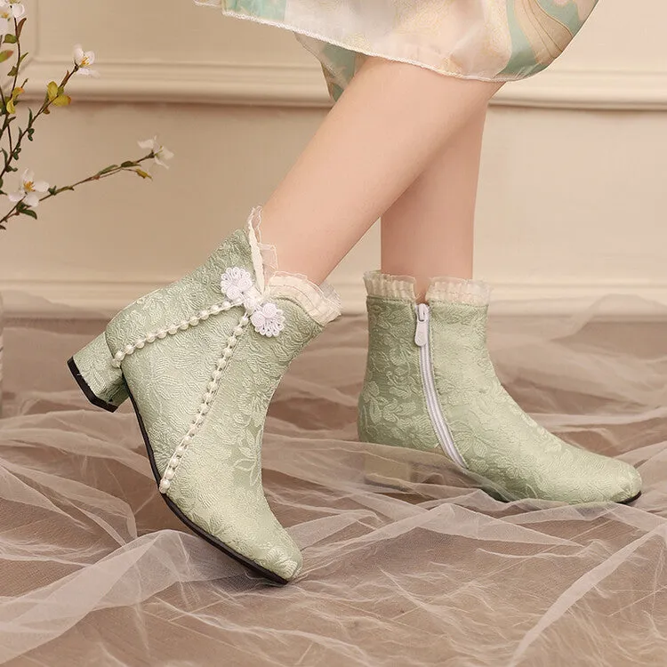Women's Embroider Pearls Bows Round Toe Block Heel Ankle Boots