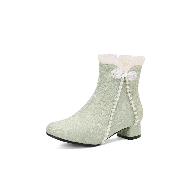 Women's Embroider Pearls Bows Round Toe Block Heel Ankle Boots