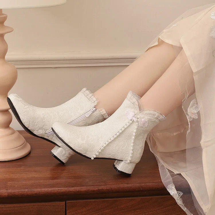 Women's Embroider Pearls Bows Round Toe Block Heel Ankle Boots