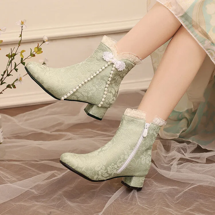 Women's Embroider Pearls Bows Round Toe Block Heel Ankle Boots