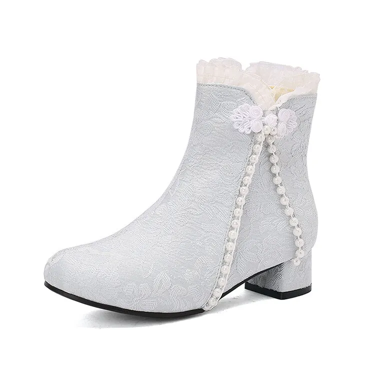 Women's Embroider Pearls Bows Round Toe Block Heel Ankle Boots