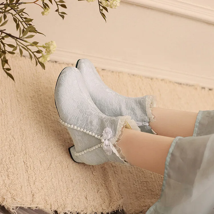 Women's Embroider Pearls Bows Round Toe Block Heel Ankle Boots