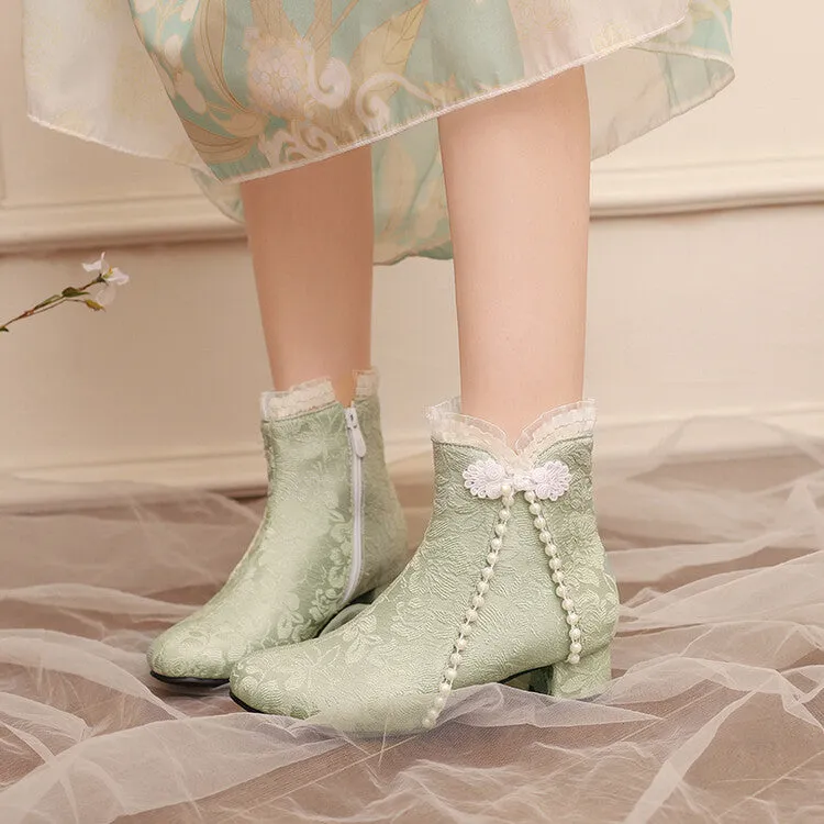 Women's Embroider Pearls Bows Round Toe Block Heel Ankle Boots