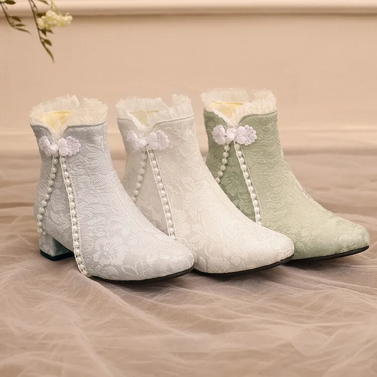 Women's Embroider Pearls Bows Round Toe Block Heel Ankle Boots