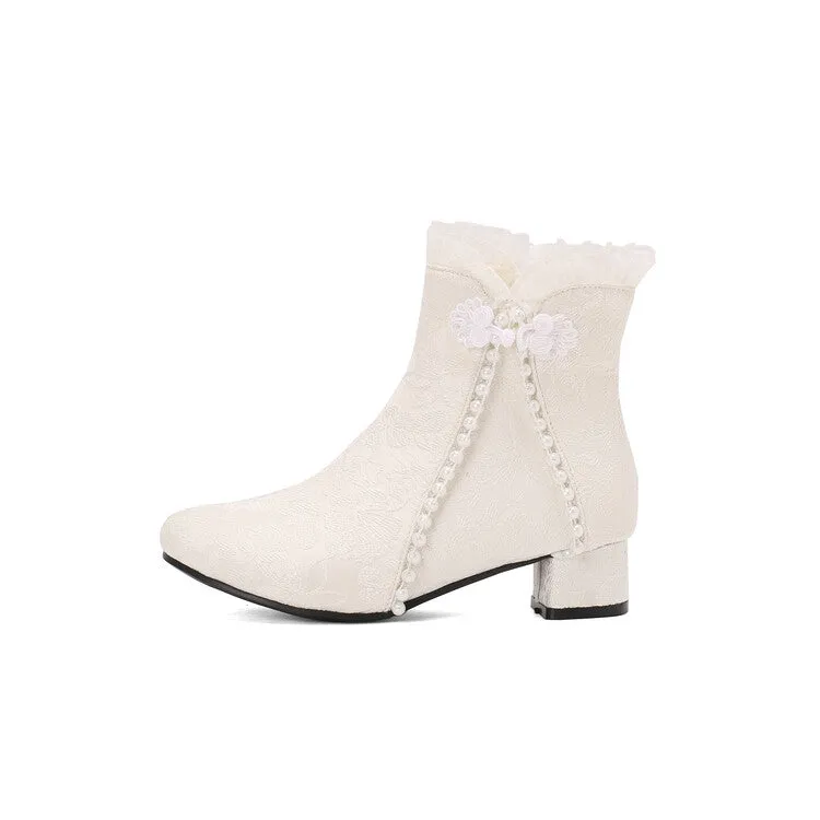 Women's Embroider Pearls Bows Round Toe Block Heel Ankle Boots