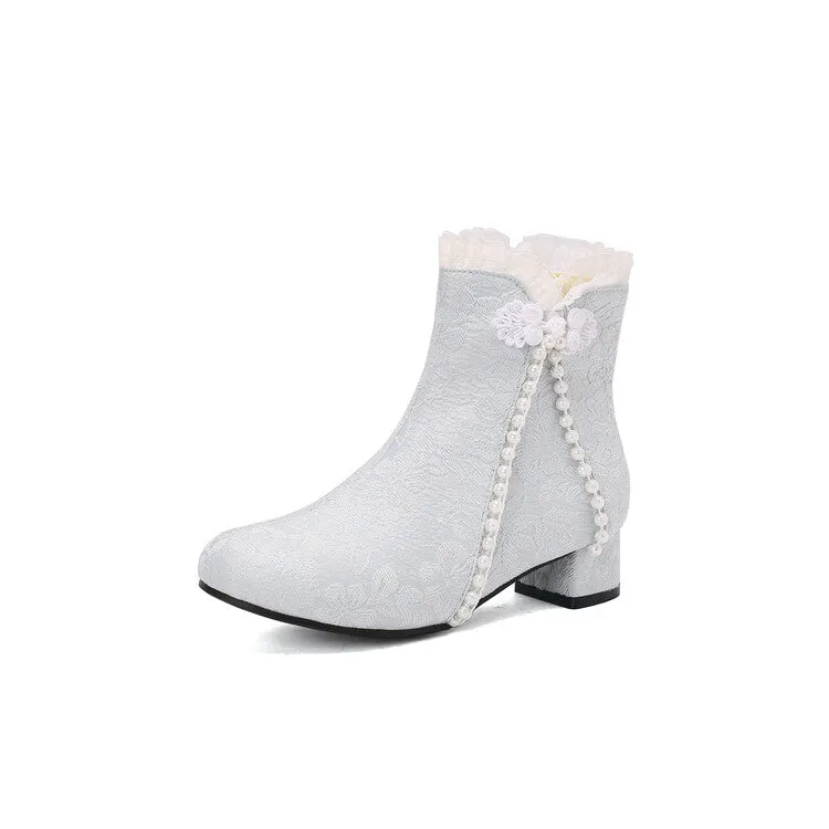 Women's Embroider Pearls Bows Round Toe Block Heel Ankle Boots