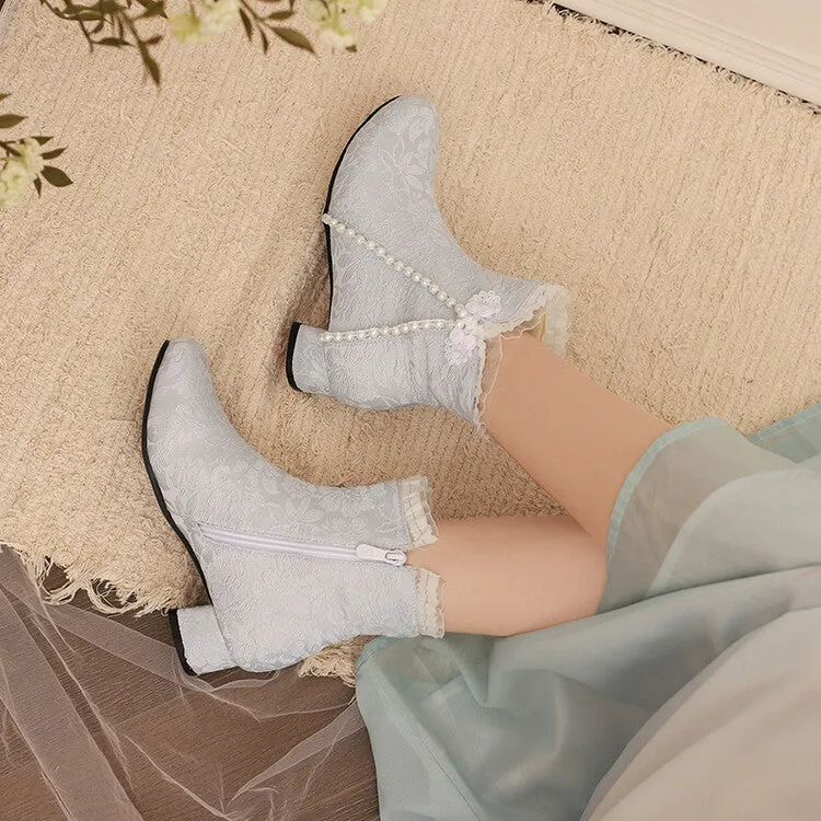 Women's Embroider Pearls Bows Round Toe Block Heel Ankle Boots