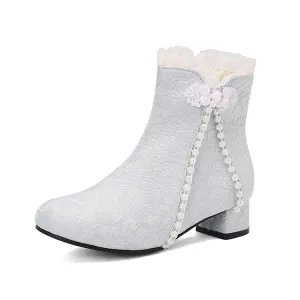 Women's Embroider Pearls Bows Round Toe Block Heel Ankle Boots