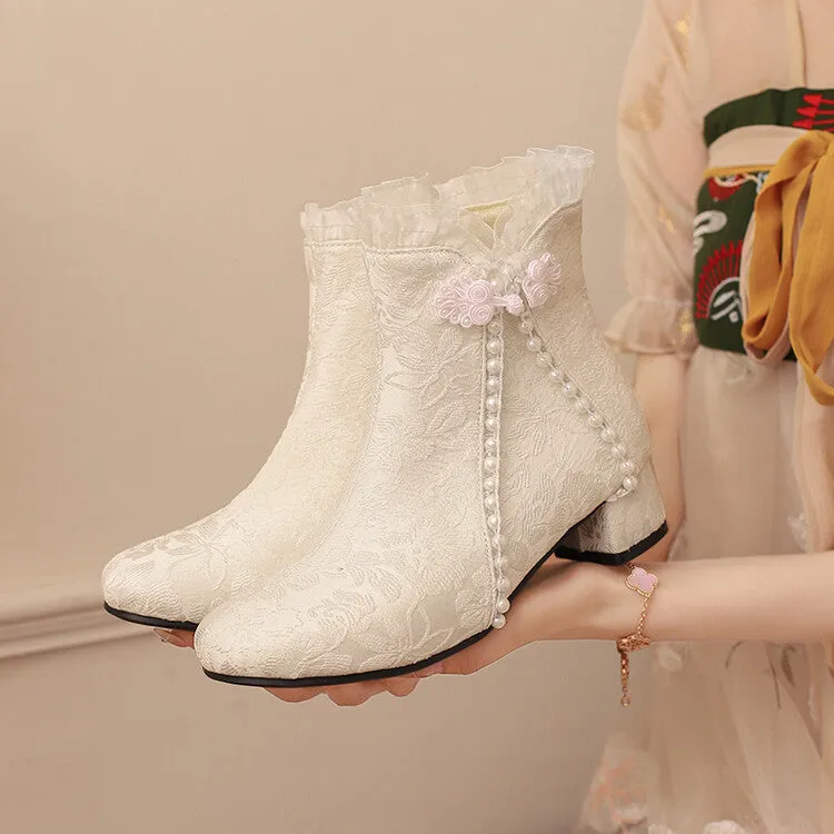 Women's Embroider Pearls Bows Round Toe Block Heel Ankle Boots