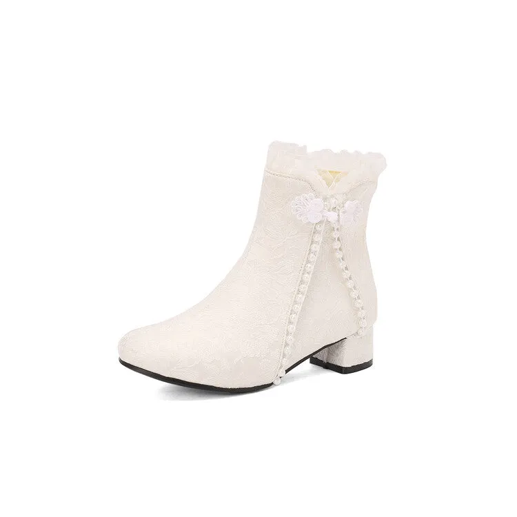 Women's Embroider Pearls Bows Round Toe Block Heel Ankle Boots