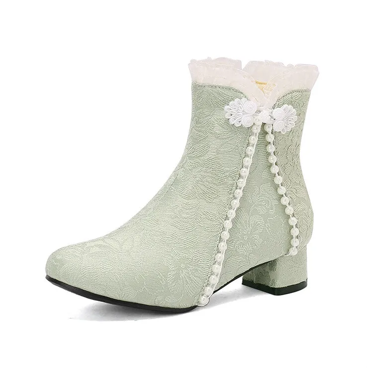 Women's Embroider Pearls Bows Round Toe Block Heel Ankle Boots
