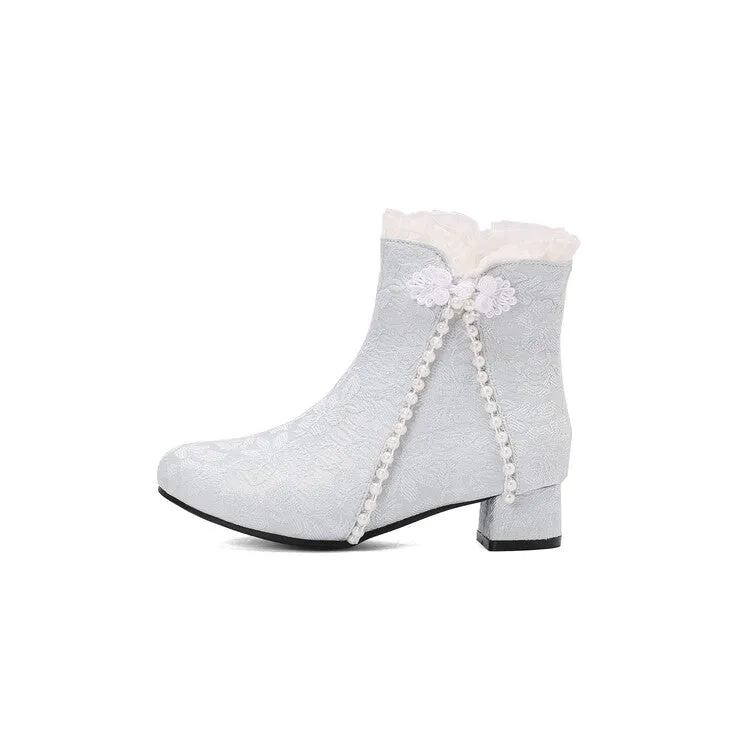 Women's Embroider Pearls Bows Round Toe Block Heel Ankle Boots